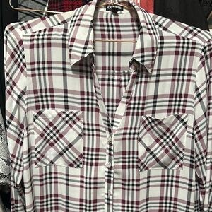 Express Women’s Plaid Shirt - White and Burgundy